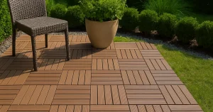 outdoor patio with interlocking WPC deck tiles in a modern checkerboard pattern