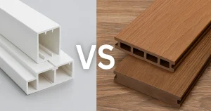 side-by-side comparison of white PVC profiles and wood-textured WPC decking boards, showcasing material differences for construction use
