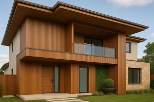 Contemporary Indian home featuring WPC fluted panels on exterior walls, balcony, and ceiling for a seamless architectural look