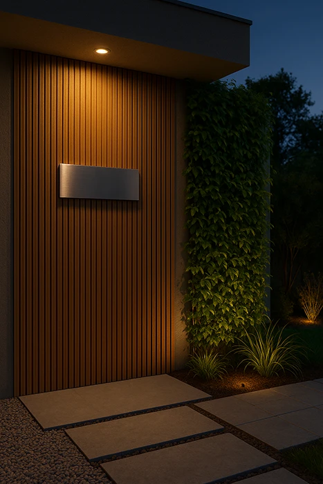 Modern exterior accent wall with warm-lit WPC fluted panels and vertical greenery, perfect for contemporary Indian homes