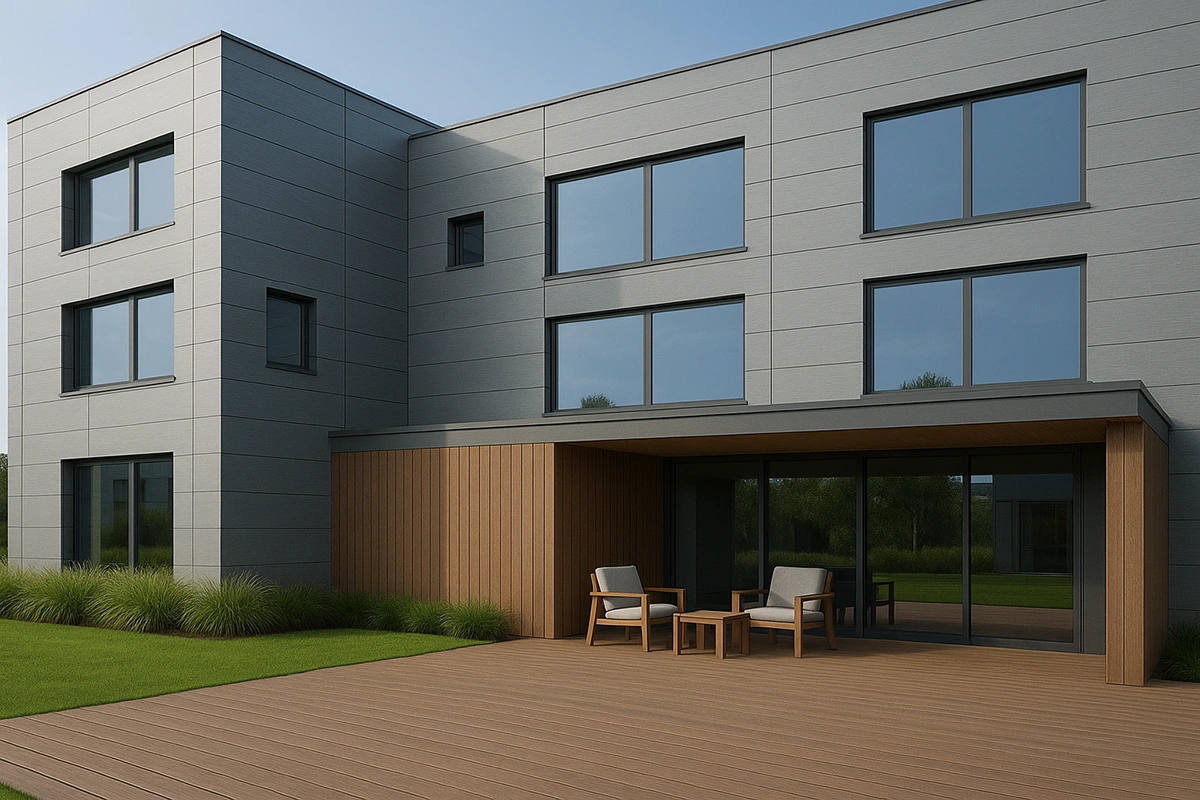 Building façade clad with MAPL gray ACP and WPC decking with Treeplast