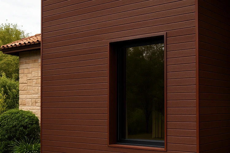 Exterior view of a modern building with chocolate brown WPC wall cladding and black-framed window for a rich premium look.