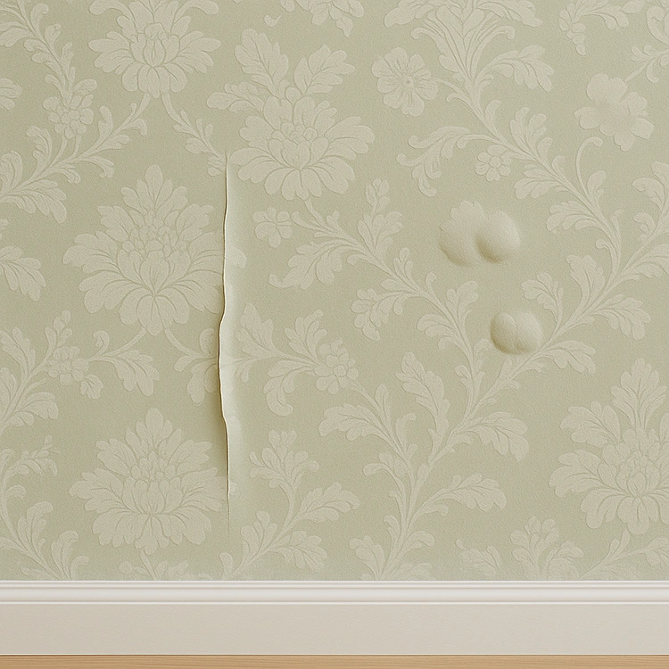 Close-up of decorative wallpaper with peeling tear and bubbling due to humidity, showing common durability issues in Indian homes.
