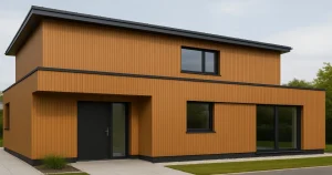Modern two-story home featuring Treeplast WPC exterior wall cladding in warm teak shade with sleek black window frames.