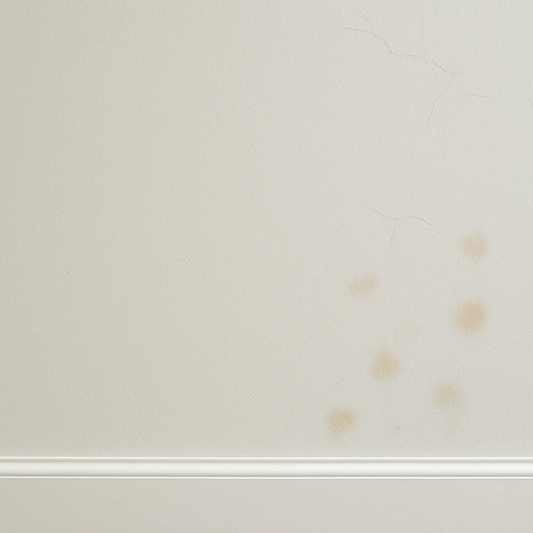 Close-up of painted wall with visible cracks and damp stains, showing common maintenance issues of paint in Indian homes.