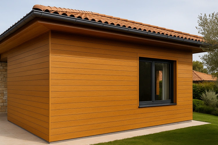 Modern single-story home with teak WPC exterior wall cladding and terracotta roof tiles for a warm elegant look.