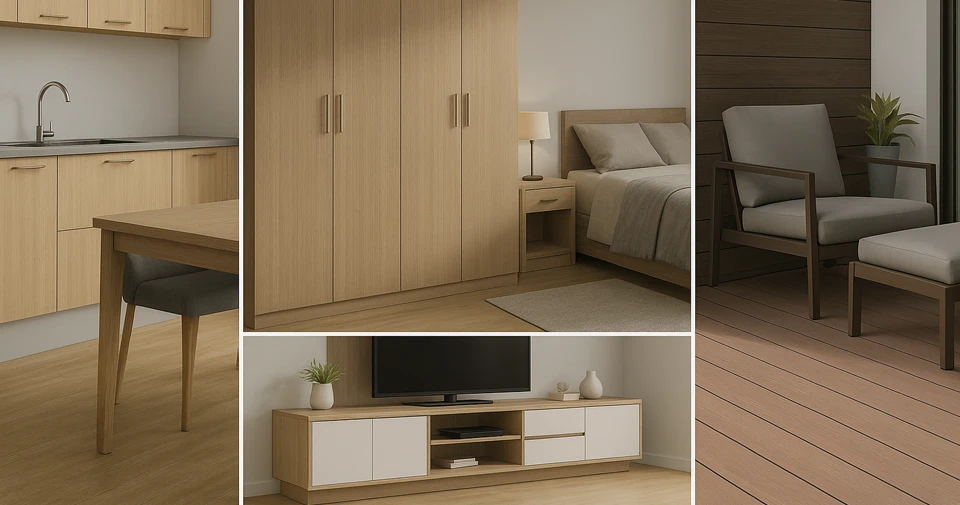Treeplast WPC decking and uPVC modular furniture range including kitchen cabinets, bedroom wardrobe and TV unit