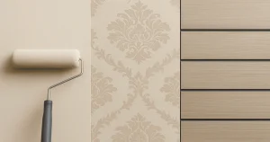 Comparison of three wall finishes – paint, wallpaper, and uPVC wall panels – showing durability and design differences