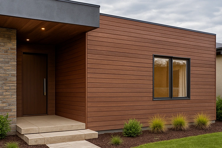 Contemporary home exterior with walnut WPC wall cladding, stone accents, and warm lighting for an elegant earthy look.