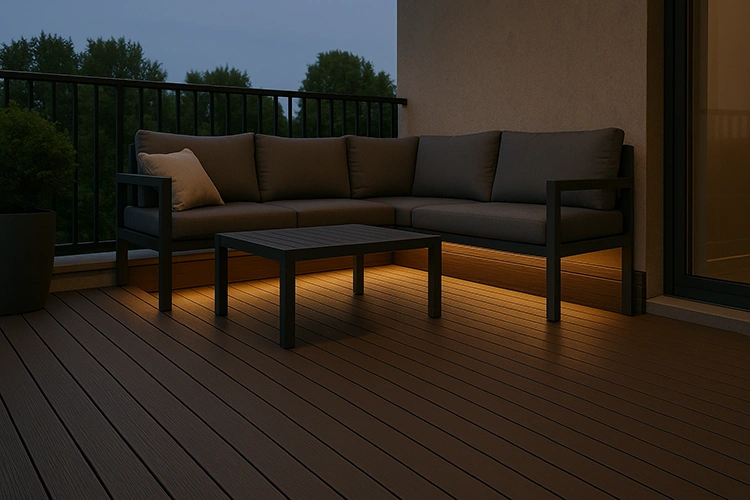 Modern balcony lounge with WPC deck flooring and warm LED strip lighting beneath planks, creating a cozy evening outdoor atmosphere.