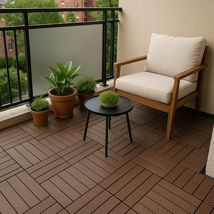 Compact apartment balcony with interlocking WPC deck tiles, potted plants, and a cozy chair, showing an easy makeover idea for small outdoor spaces.