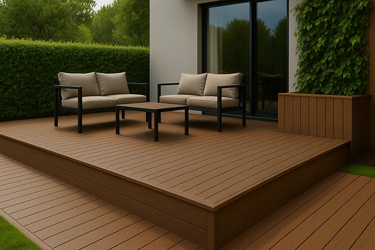 Modern terrace with elevated WPC deck flooring surrounded by planters and vertical greenery, showcasing a stylish drainage-friendly outdoor design.