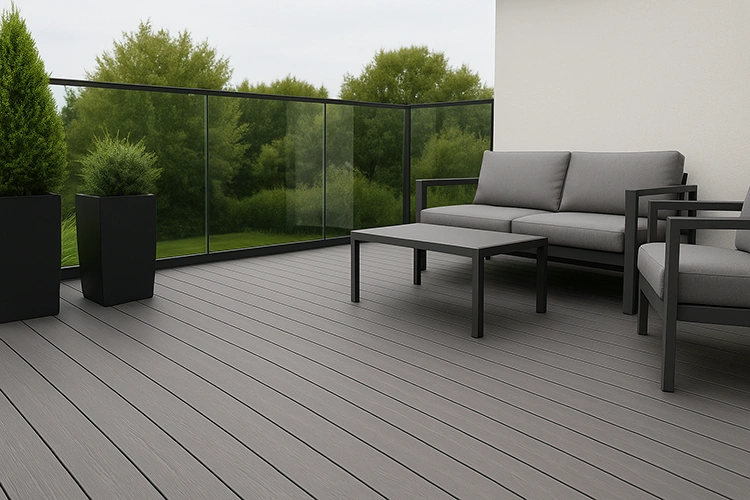 Modern balcony with grey WPC deck flooring, minimalist outdoor furniture, glass railings, and planters, showcasing a sleek and contemporary design.