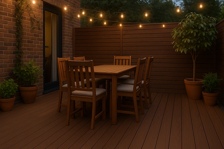 Outdoor terrace dining area with walnut WPC deck flooring, wooden furniture, string lights, and potted plants creating a cozy open-air atmosphere.