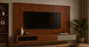 Modern living room featuring a uPVC TV wall unit with rich wood finish, floating console, mounted flat-screen TV, and decorative elements for elegant interiors.