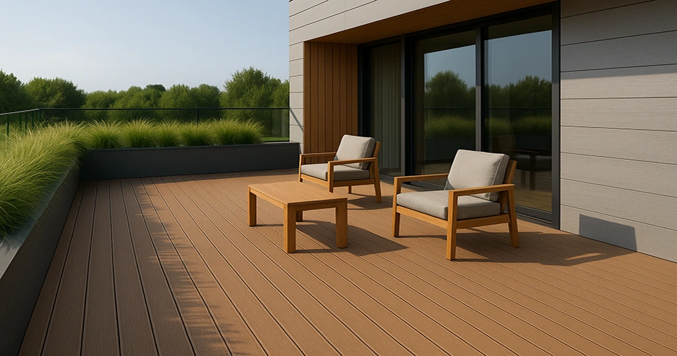 Modern balcony and terrace with WPC deck flooring in warm wood tones, featuring outdoor seating and plants.
