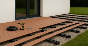 outdoor scene showing workers installing WPC deck flooring planks on a modern patio