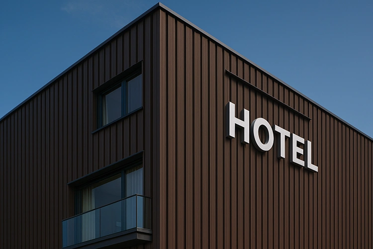 Modern hotel building in UAE featuring Treeplast WPC exterior louvers in walnut finish, providing a sleek and durable façade design.