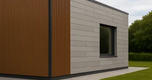 Modern building exterior showing comparison between WPC fluted panels and traditional cladding materials under natural daylight.