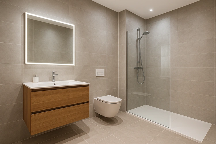 Modern bathroom interior featuring premium ceramic wall tiles, elegant lighting, glass shower enclosure, and contemporary fixtures for a luxurious look.