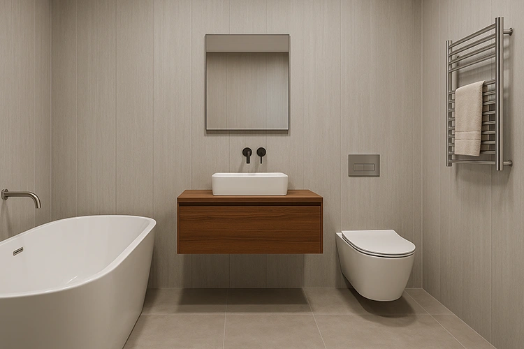 Contemporary bathroom interior featuring premium uPVC wall panels, a freestanding bathtub, wooden vanity, and modern fixtures in a clean, minimalist design.