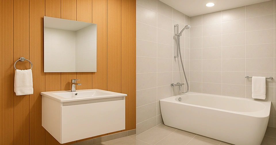 Modern bathroom interior showcasing PVC wall panels on one side and ceramic wall tiles on the other, highlighting style and performance differences.