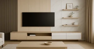 Modern living room with premium PVC TV wall panel design, featuring minimalist décor and soft lighting.