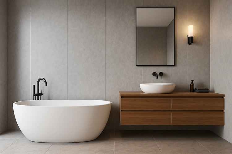 Modern bathroom interior featuring premium uPVC wall panels with a clean, elegant design, soft lighting, and contemporary fixtures for a luxurious look.