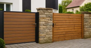 modern WPC gate and a traditional wooden gate separated by a stone pillar