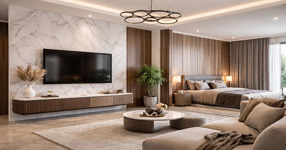 Modern bedroom-to-living-room interior showcasing uPVC wall panels on a TV feature wall and behind the bed for a stylish, durable finish