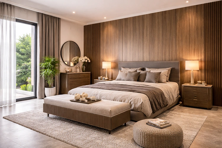 Modern bedroom interior featuring wood-finish uPVC wall panels behind the bed with warm lighting and contemporary decor
