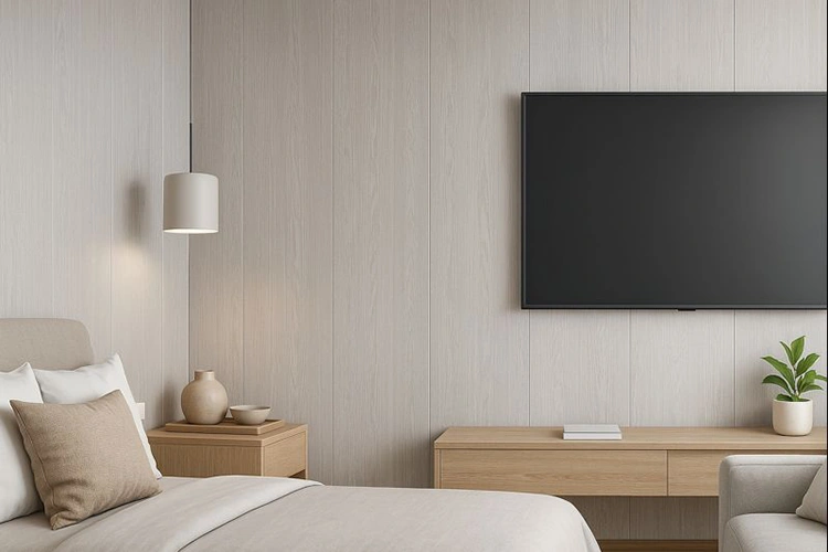 Modern bedroom-to-living room interior featuring premium uPVC wall panels