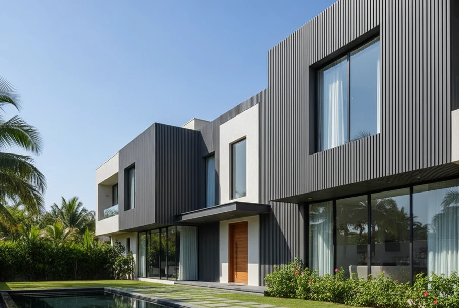 Modern house exterior with gray louver facade cladding, large glass windows, and landscaped garden in daylight