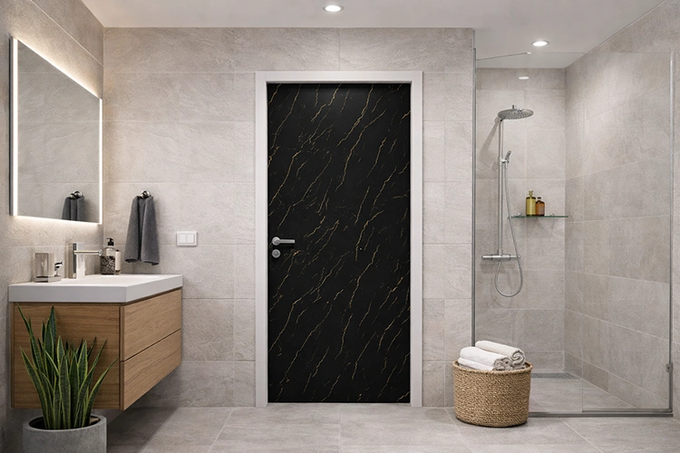Modern uPVC bathroom door with black marble finish and gold vein texture in a contemporary bathroom interior