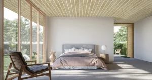 Modern bedroom interior featuring PVC rafter-style ceiling panels with large windows and natural light.