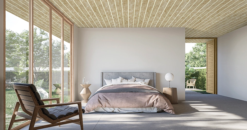 Modern bedroom interior featuring PVC rafter-style ceiling panels with large windows and natural light.