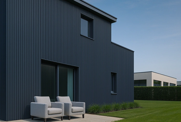 Modern premium home in Bangalore featuring Treeplast WPC exterior louvers in gray finish for a sleek and sustainable façade design
