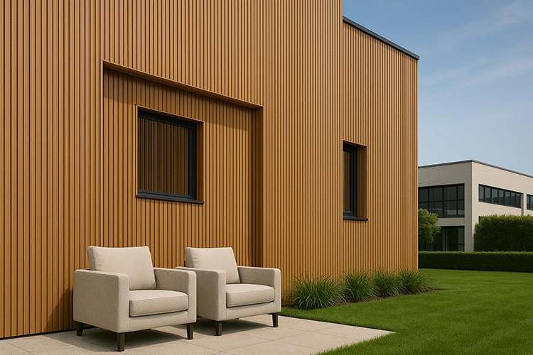 Modern villa in Bangalore featuring Treeplast WPC exterior louvers in teakwood finish for a stylish and durable façade