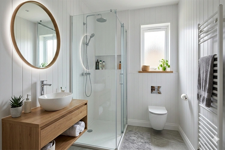 Compact bathroom with white PVC wall cladding