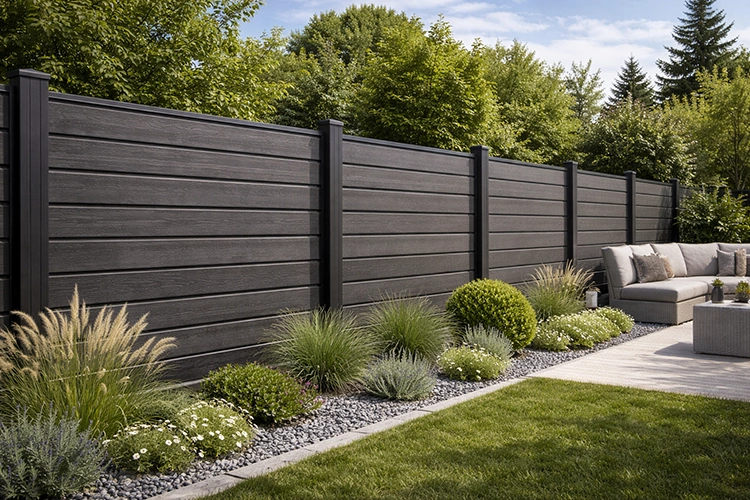 Dark grey WPC garden fence panels with black posts in a landscaped backyard seating area