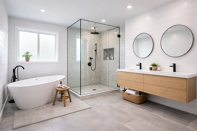 Modern bathroom with white PVC wall cladding