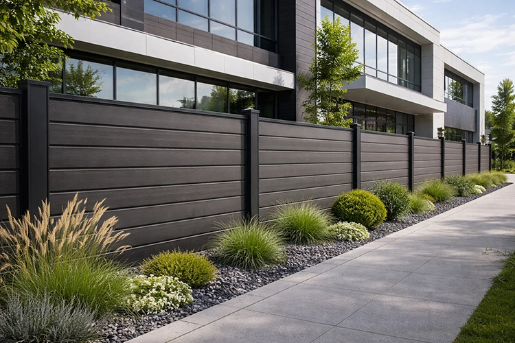 Contemporary WPC boundary fencing outside a modern commercial building