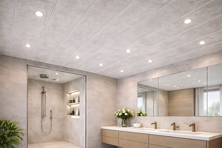Modern bathroom interior with grey uPVC ceiling panels and recessed lighting