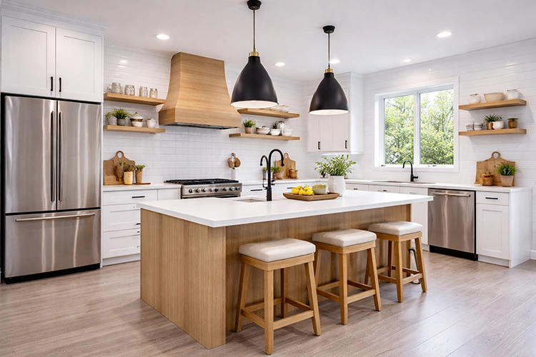 Modern kitchen with white PVC wall cladding
