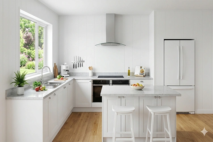 Modern kitchen with white PVC wall cladding