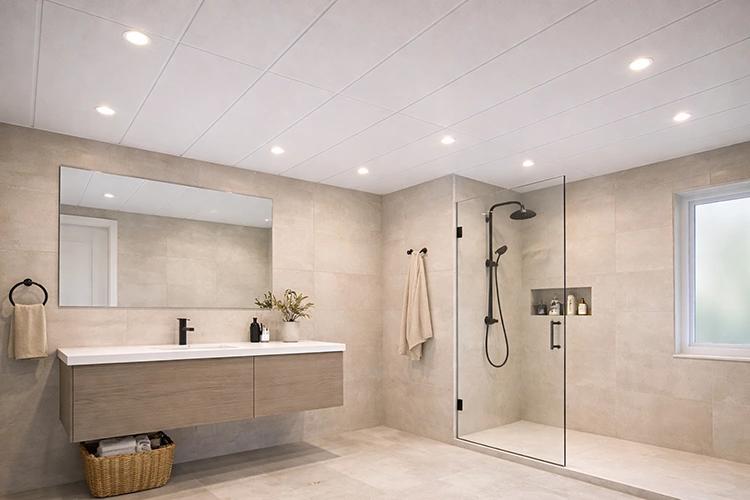 White uPVC ceiling design for a stylish modern bathroom interior