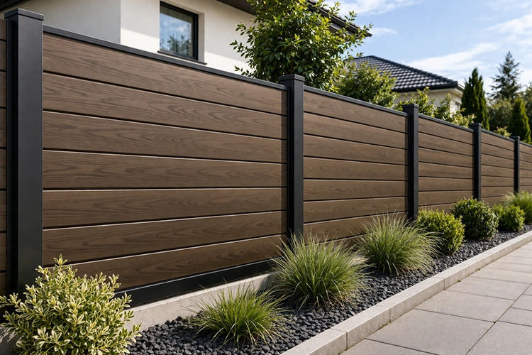 Modern residential WPC boundary fence with wood-finish horizontal panels and black posts
