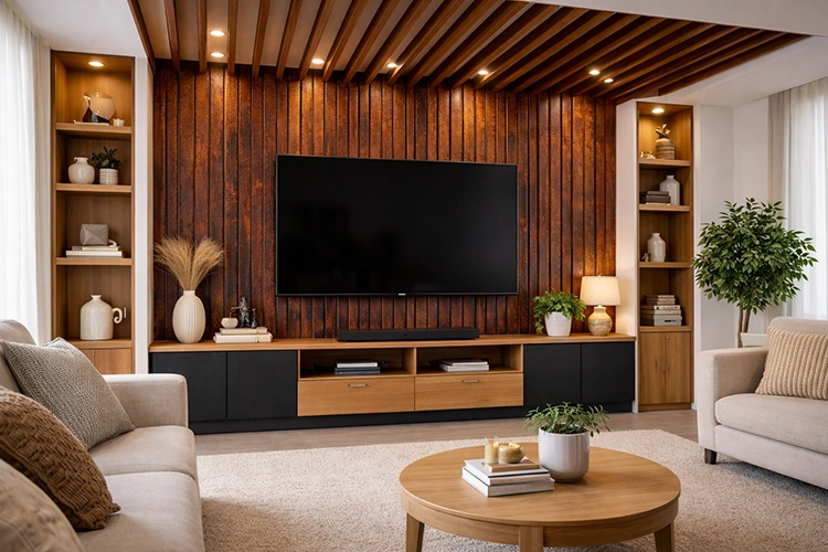 Modern TV unit with rust-finish PVC rafter panel slat wall backdrop, wooden ceiling rafters, and floating media console in a living room