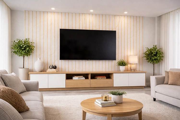 Simple TV unit with white PVC rafter panel slat wall featuring gold vein accents, floating media console, and modern living room decor.