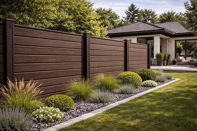 Wood-finish WPC fence panels installed beside a garden lawn